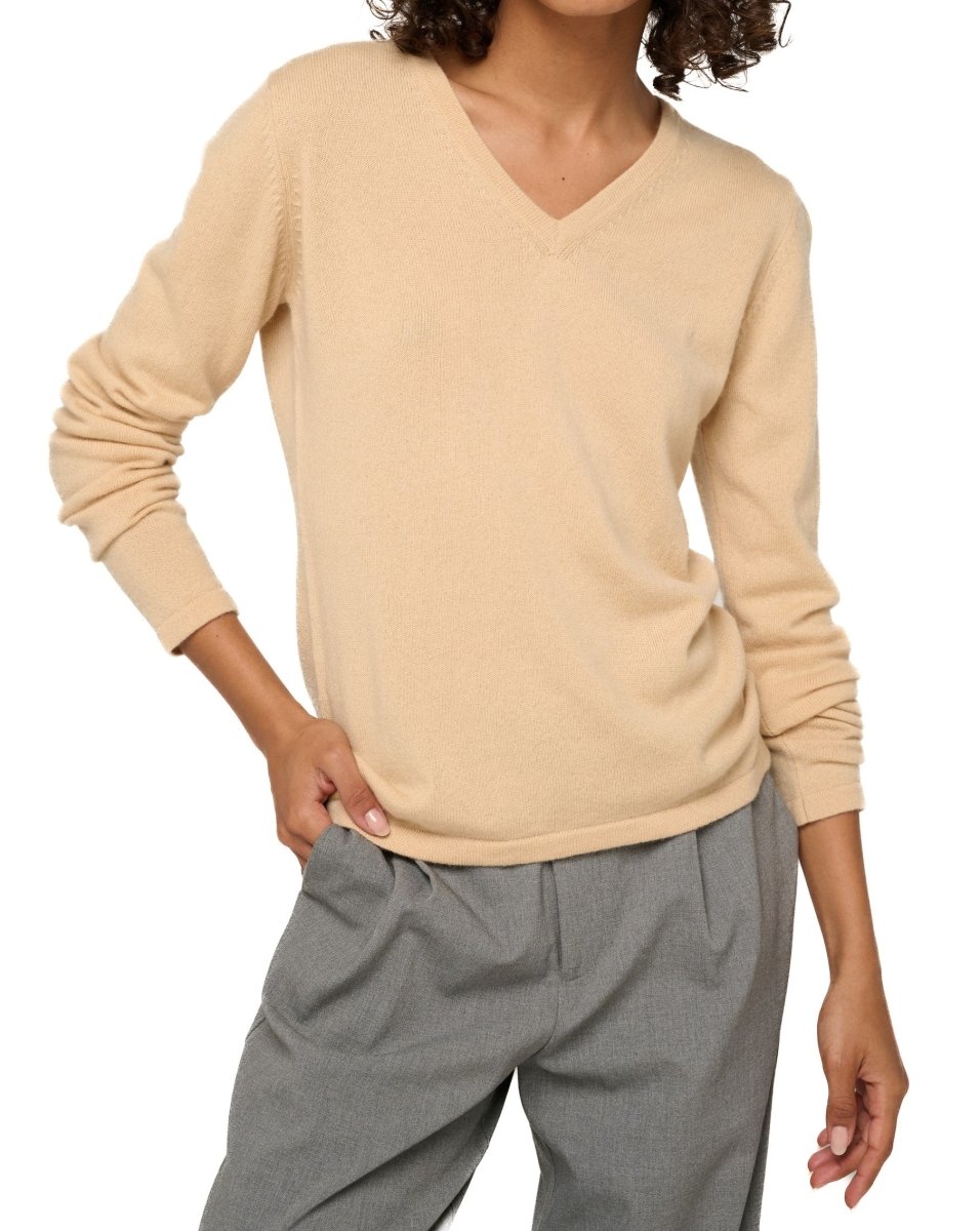 Balldiri 100% Kaschmir Damen V - Pullover 2 - fädig - honey - Balldiri