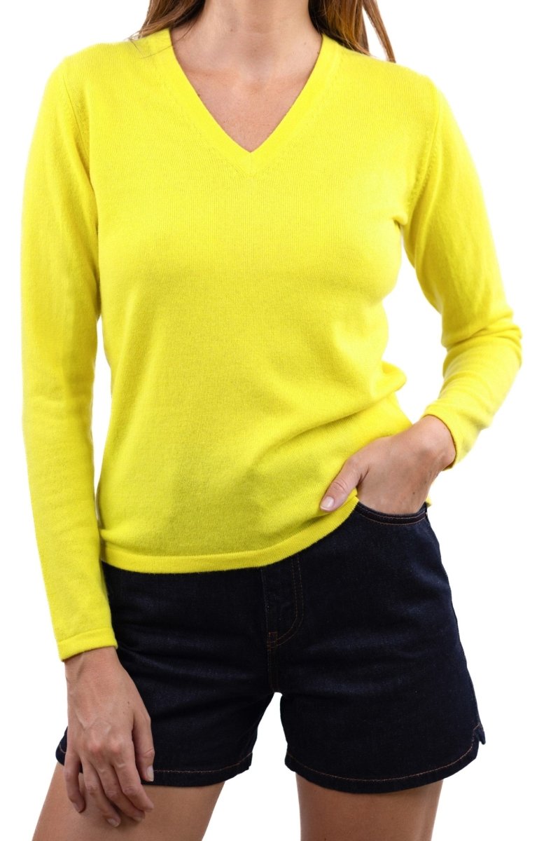 Balldiri 100% Kaschmir Damen V - Pullover 2 - fädig - zitronengelb - Balldiri