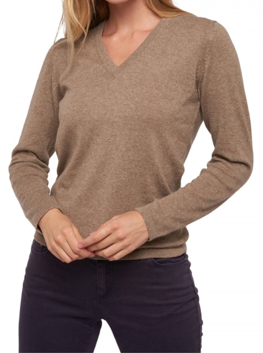 Balldiri 100% Kaschmir Damen V - Pullover 2 - fädig - naturbraun - Balldiri