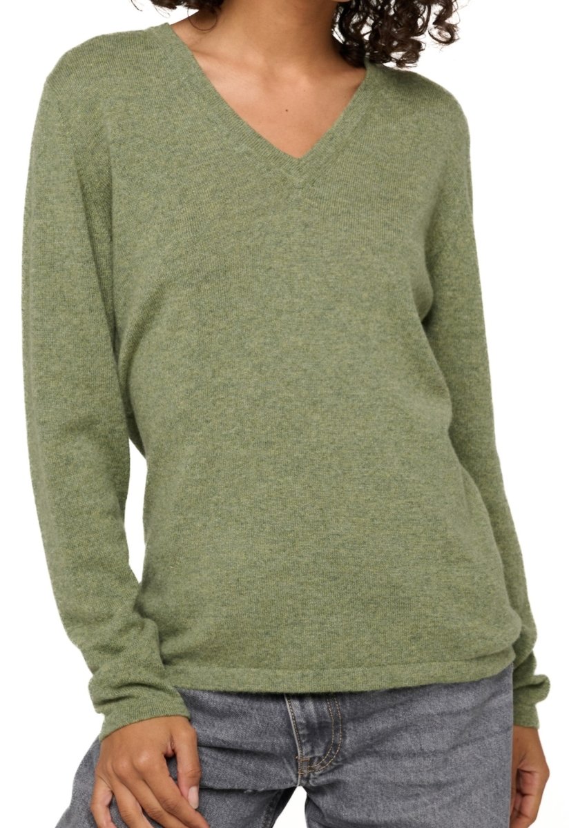 Balldiri 100% Kaschmir Damen V - Pullover 2 - fädig - grün meliert - Balldiri
