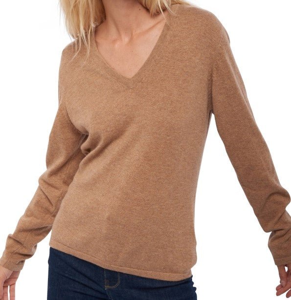Balldiri 100% Kaschmir Damen V - Pullover 2 - fädig - camel meliert - Balldiri