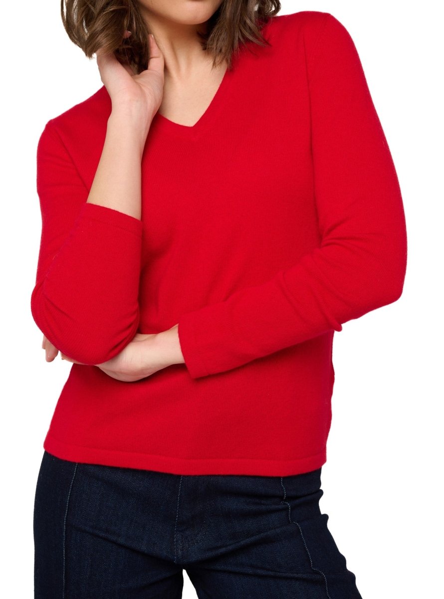 Balldiri 100% Kaschmir Damen V - Pullover 2 - fädig - samtrot - Balldiri