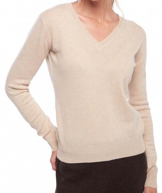 Balldiri 100% Kaschmir Damen V - Pullover 2 - fädig - beige - Balldiri