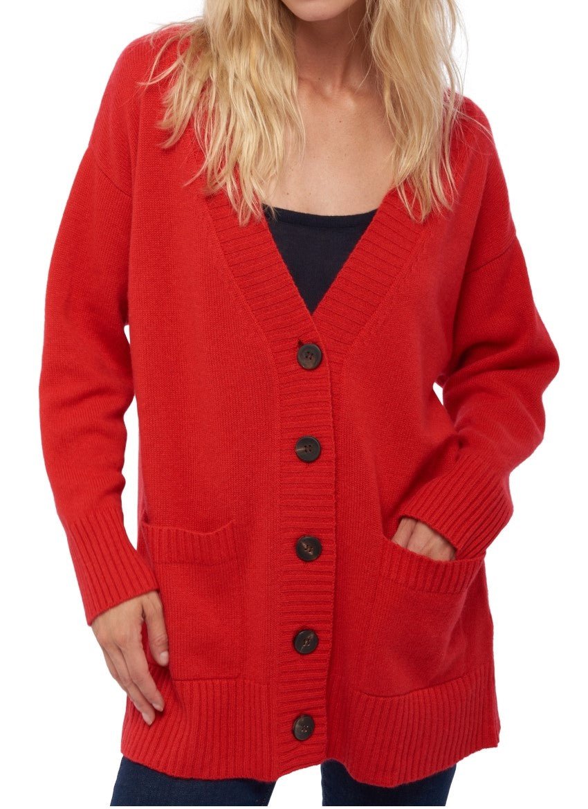Balldiri 100% Kaschmir Damen V - Strickjacke 4 - fädig – Exklusive Kaschmir Damen Strickjacke - rot - Balldiri