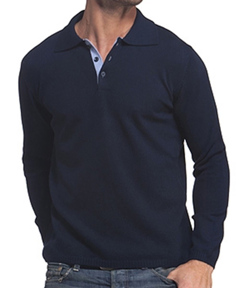 Balldiri 100% Kaschmir Herren Polo Kontrastkragen 2 - fädig - nachtblau/himmelblau - Balldiri