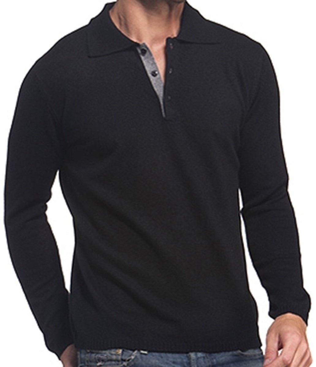 Balldiri 100% Kaschmir Herren Polo Kontrastkragen 2 - fädig - schwarz/grau - Balldiri