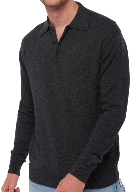 Balldiri 100% Kaschmir Herren Polo Kragen 2 - fädig - anthrazir meliert - Balldiri