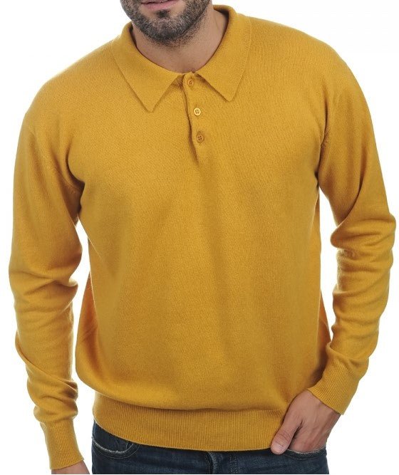 Balldiri 100% Kaschmir Herren Polo Kragen 2 - fädig - senf - Balldiri