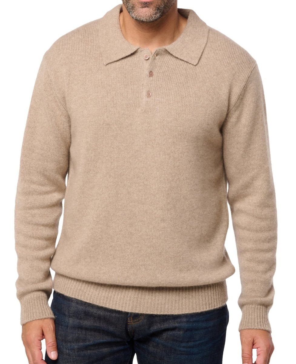 Balldiri 100% Kaschmir Herren Polo mit Kragen 6 - fädig - natur braun - Balldiri