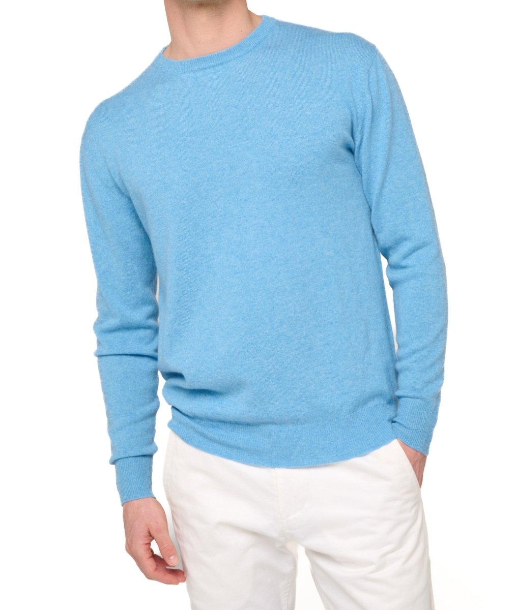 Balldiri 100% Kaschmir Herren Pullover Rundhals 2 - fädig - azurblau meliert - Balldiri