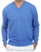 Balldiri 100% Kaschmir Herren Pullover V - Ausschnitt 2 - fädig blau meliert M - Balldiri