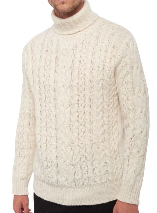 Balldiri 100% Kaschmir Herren Pullover Zopfrollkragen 8 - fädig - ecru - Balldiri