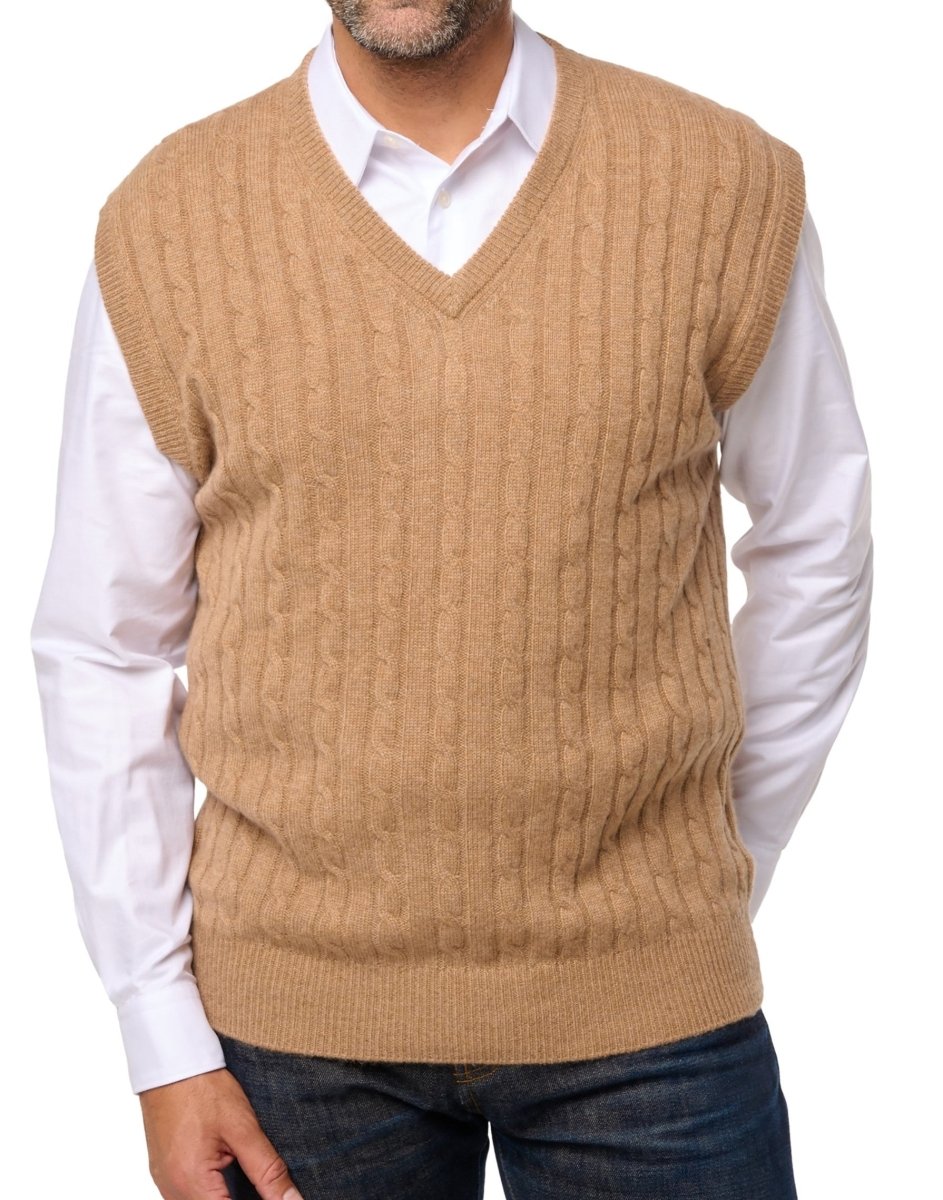 Balldiri 100% Kaschmir Herren Pullunder Zopfmuster 4 - fädig - camel meliert - Balldiri
