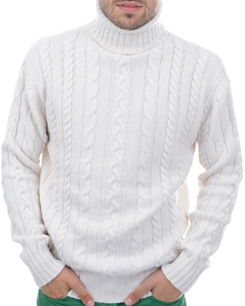 Balldiri 100% Kaschmir Herren Rollkragenpullover Zopfmuster 10 - fädig - Weiß - Balldiri