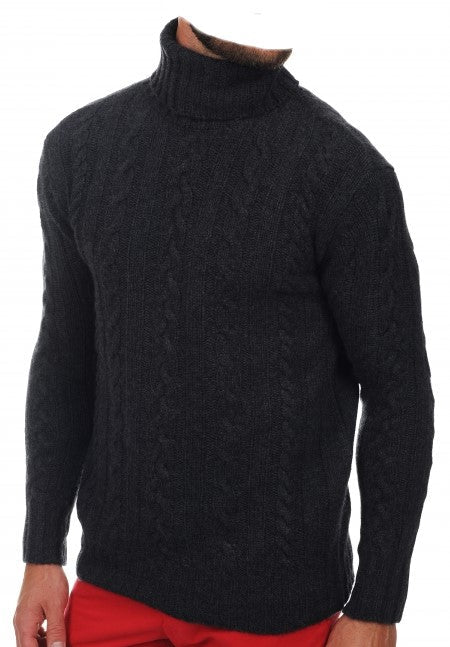 Balldiri 100% Kaschmir Herren Rollkragenpullover Zopfmuster 10 - fädig - anthrazit meliert - Balldiri