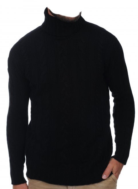 Balldiri 100% Kaschmir Herren Rollkragenpullover Zopfmuster 10 - fädig - Schwarz - Balldiri