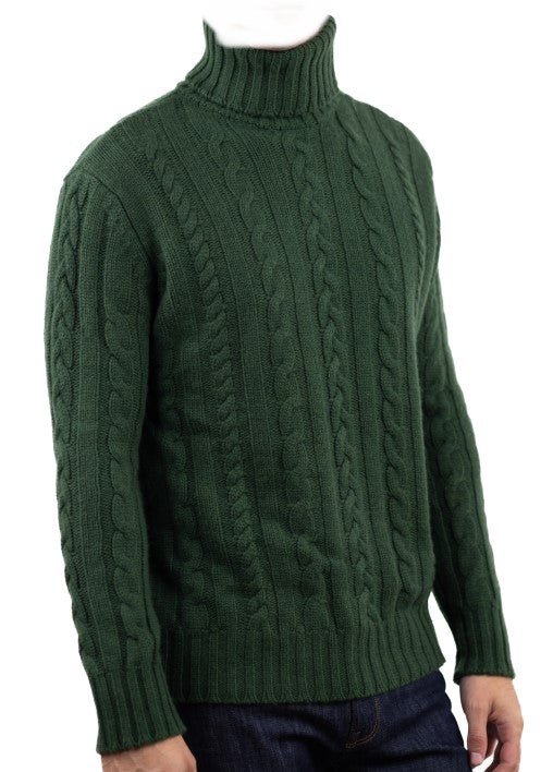 Balldiri 100% Kaschmir Herren Rollkragenpullover Zopfmuster 10 - fädig - grün - Balldiri