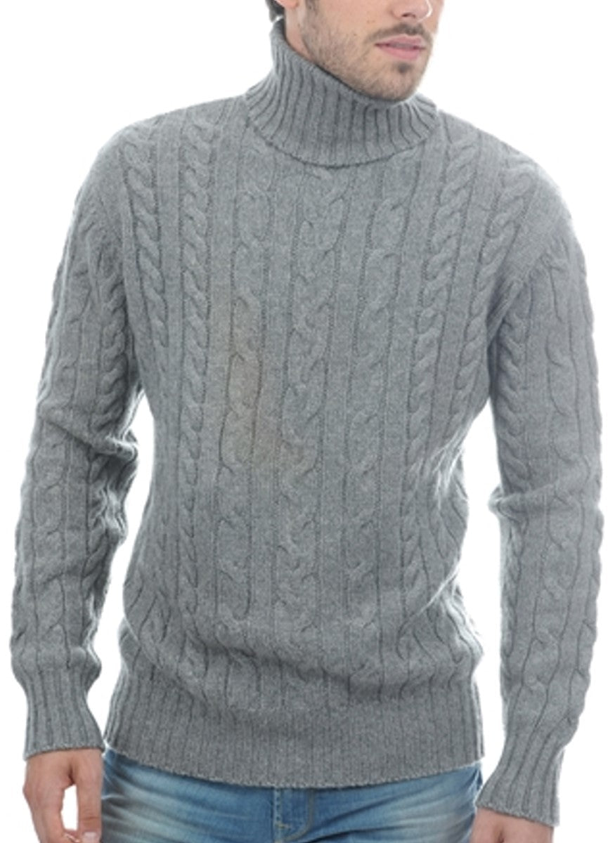 Balldiri 100% Kaschmir Herren Rollkragenpullover Zopfmuster 10 - fädig - Grau - Balldiri