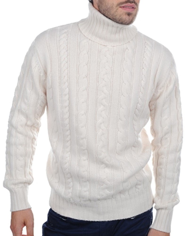 Balldiri 100% Kaschmir Herren Rollkragenpullover Zopfmuster 10 - fädig - ecru - Balldiri