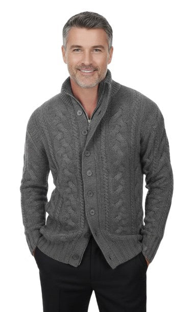 Balldiri 100% Kaschmir Herren Stehkragenjacke Zopf 8 - fädig - Graubraun - Balldiri