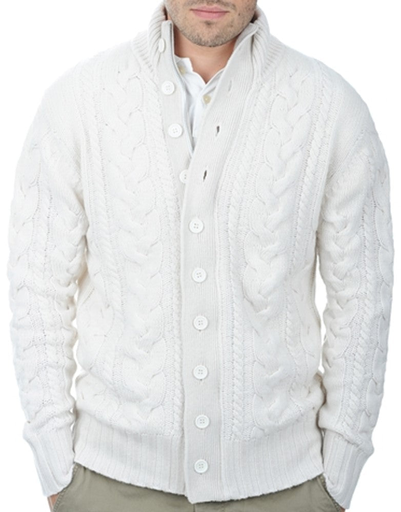 Balldiri 100% Kaschmir Herren Stehkragenjacke Zopf 8 - fädig - Weiß - Balldiri