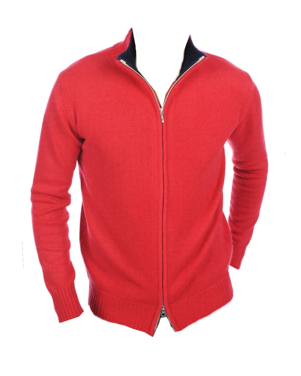 Balldiri 100% Kaschmir Herren Strickjacke Kragen 4 - fädig - rot/nachtblau - Balldiri