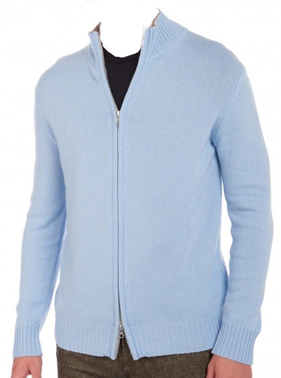 Balldiri 100% Kaschmir Herren Strickjacke Kragen 4 - fädig - himmelblau/naturbraun - Balldiri