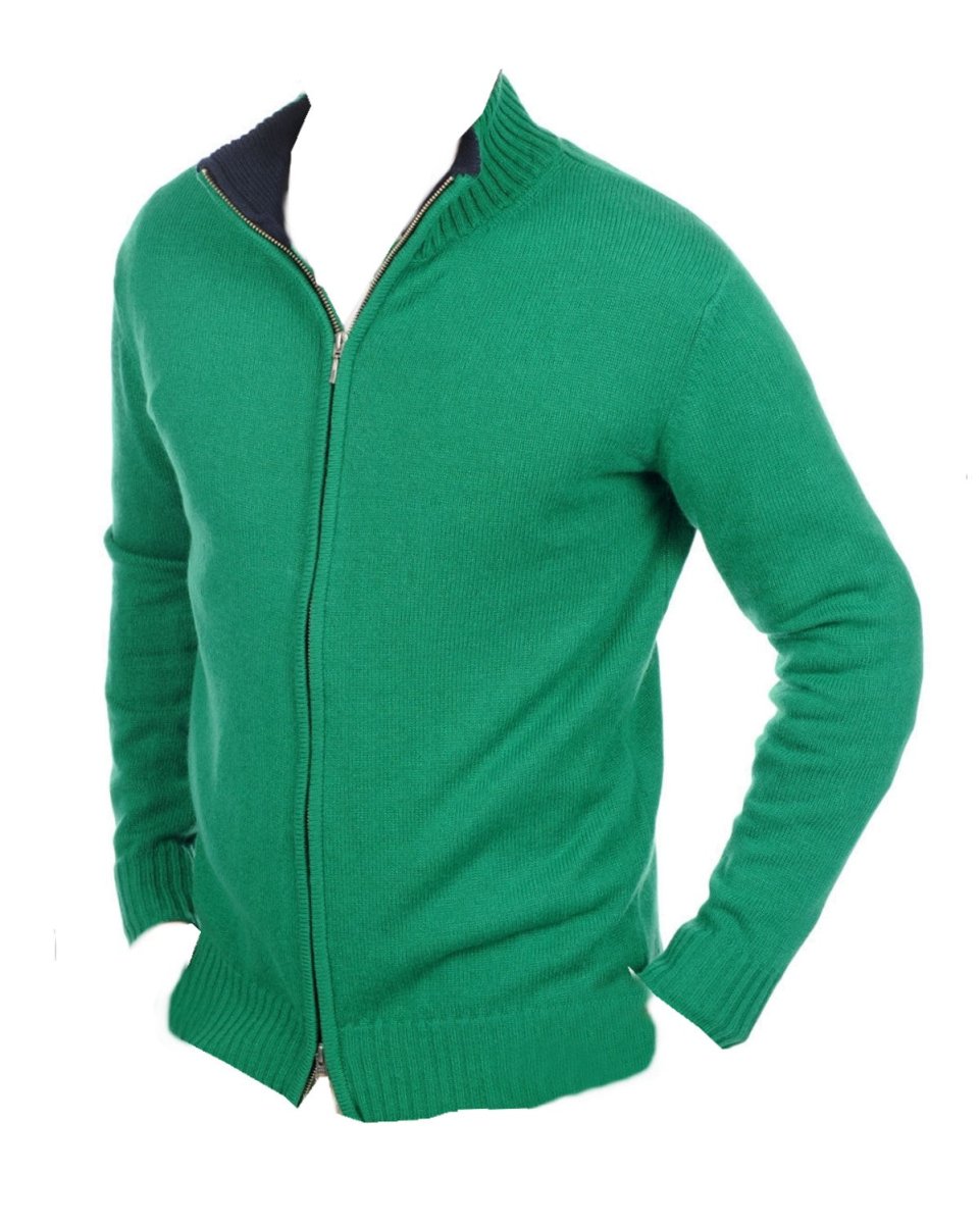 Balldiri 100% Kaschmir Herren Strickjacke Kragen 4 - fädig - englischgrün/nachtblau - Balldiri