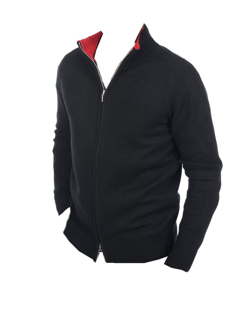 Balldiri 100% Kaschmir Herren Strickjacke Kragen 4 - fädig - schwarz/rot - Balldiri