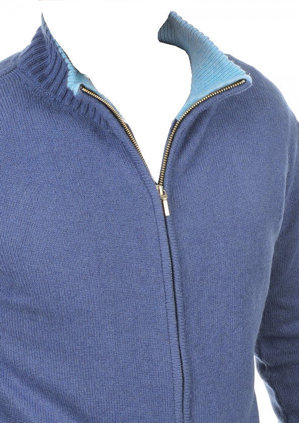 Balldiri 100% Kaschmir Herren Strickjacke Kragen 4 - fädig - kobaltblau/azurblau - Balldiri