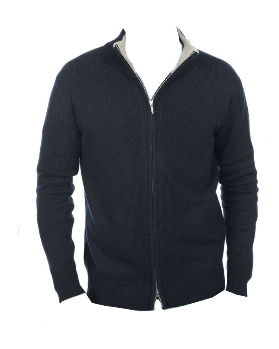 Balldiri 100% Kaschmir Herren Strickjacke Kragen 4 - fädig - englischgrün/nachtblau - Balldiri