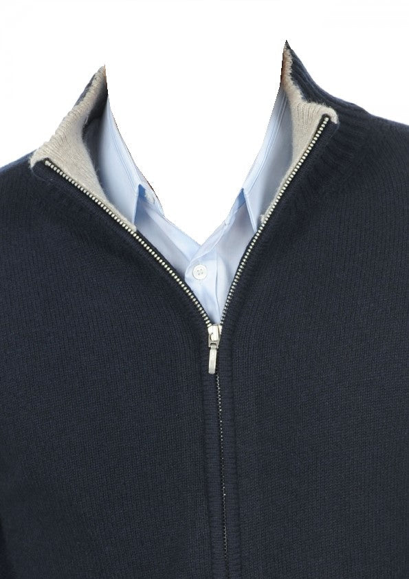 Balldiri 100% Kaschmir Herren Strickjacke Kragen 4 - fädig - nachtblau/grau - Balldiri