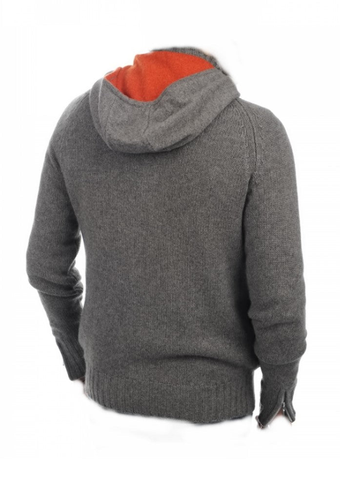 Balldiri 100% Kaschmir Herren Strickjacke mit Kapuze 8 - fädig - graubraun/ornage - Balldiri