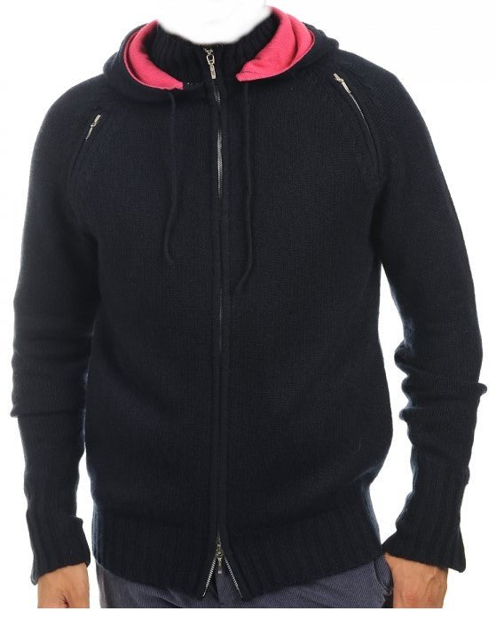 Balldiri 100% Kaschmir Herren Strickjacke mit Kapuze 8 - fädig - nachtblau/rosa - Balldiri