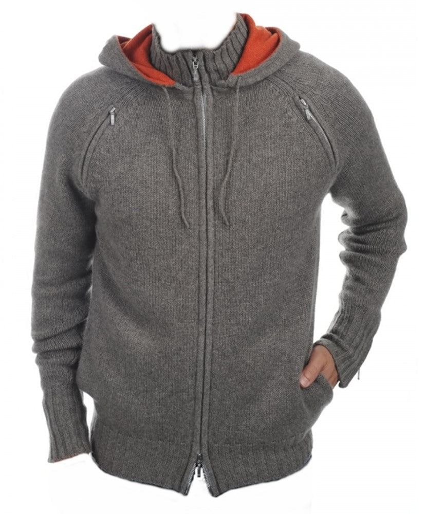 Balldiri 100% Kaschmir Herren Strickjacke mit Kapuze 8 - fädig - graubraun/ornage - Balldiri