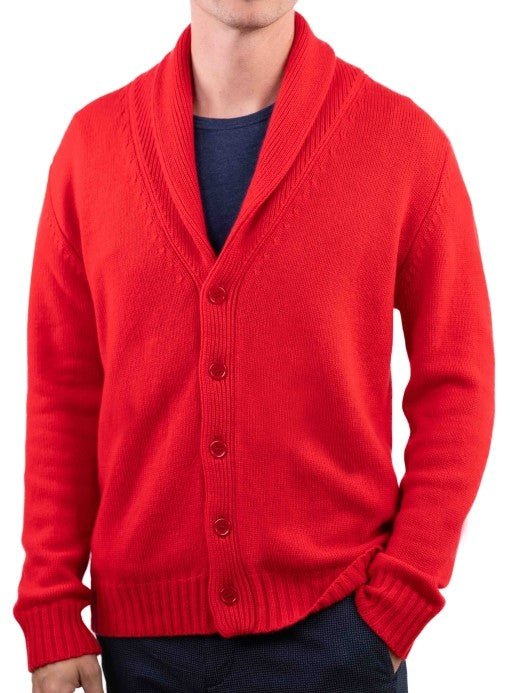 Balldiri 100% Kaschmir Herren Strickjacke mit Schalkragen 6 - fädig - rot - Balldiri