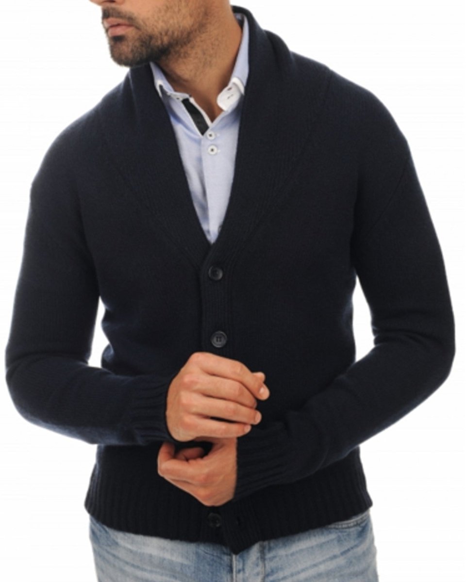Balldiri 100% Kaschmir Herren Strickjacke mit Schalkragen 6 - fädig - nachtblau - Balldiri