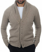 Balldiri 100% Kaschmir Herren Strickjacke mit Schalkragen 6 - fädig - naturbraun - Balldiri