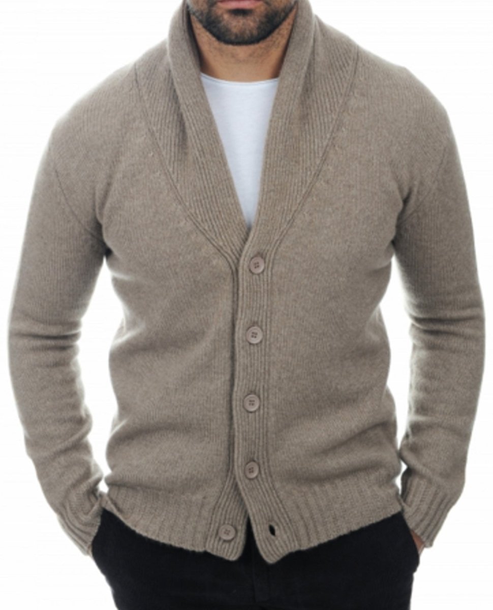 Balldiri 100% Kaschmir Herren Strickjacke mit Schalkragen 6 - fädig - naturbraun - Balldiri