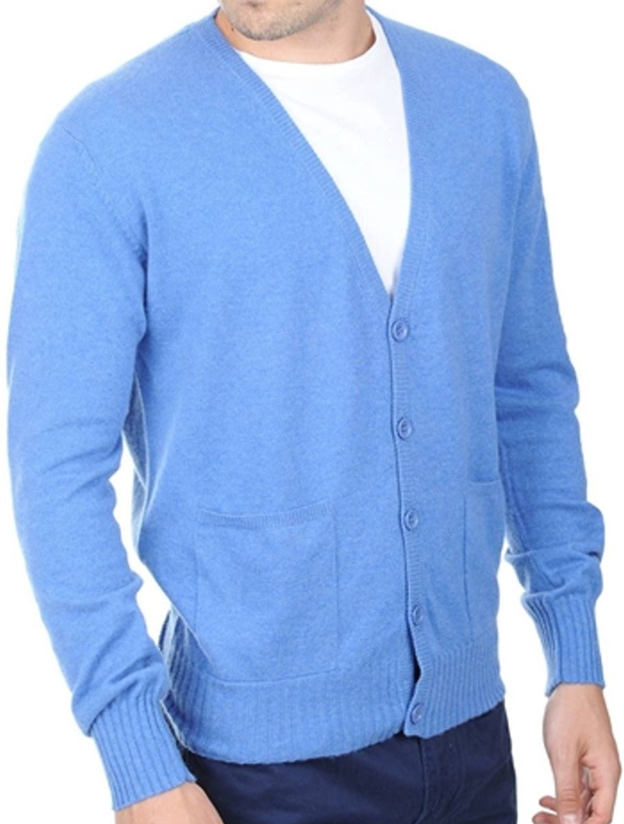 Balldiri 100% Kaschmir Herren Strickjacke mit V - Ausschnitt 2 - fädig Blau L - Balldiri