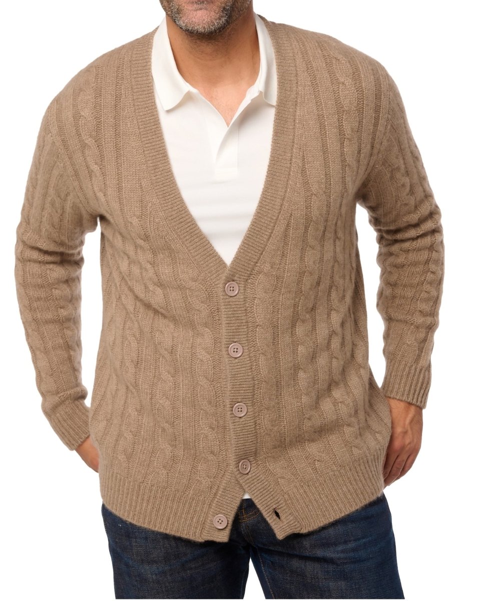 Balldiri 100% Kaschmir Herren Strickjacke Zopfmuster 8 - fädig - naturbraun - Balldiri