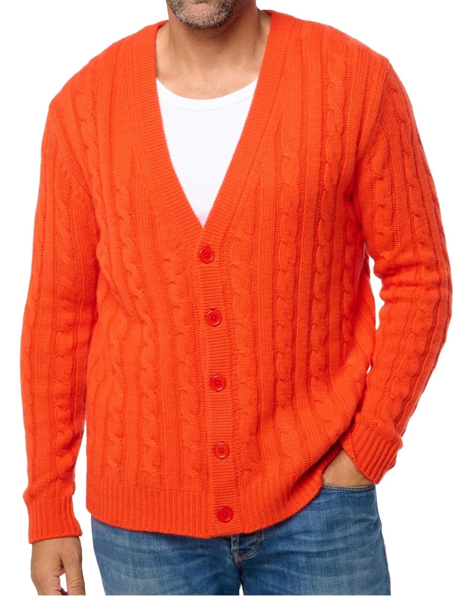 Balldiri 100% Kaschmir Herren Strickjacke Zopfmuster 8 - fädig - orange - Balldiri