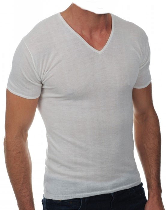 Balldiri 100% Kaschmir Herren T-Shirt V - Ausschnitt 2 - fädig - weiß - Balldiri