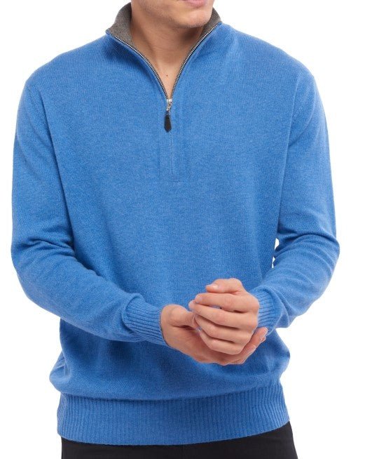 Balldiri 100% Kaschmir Herren Troyer Kontrastkragen 2 - fädig - blau meliert/graubraun - Balldiri