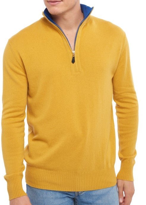 Balldiri 100% Kaschmir Herren Troyer Kontrastkragen 2 - fädig - senf/ultramarin - Balldiri