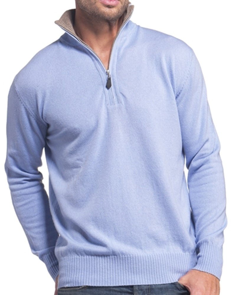 Balldiri 100% Kaschmir Herren Troyer Kontrastkragen 2 - fädig - himmelblau/naturbraun - Balldiri