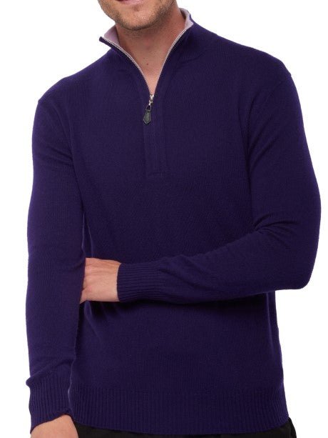 Balldiri 100% Kaschmir Herren Troyer Kontrastkragen 2 - fädig - deep purple/rosa - Balldiri