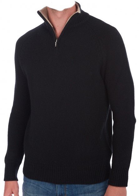 Balldiri 100% Kaschmir Herren Troyer Kontrastkragen 8 - fädig - schwarz/beige - Balldiri