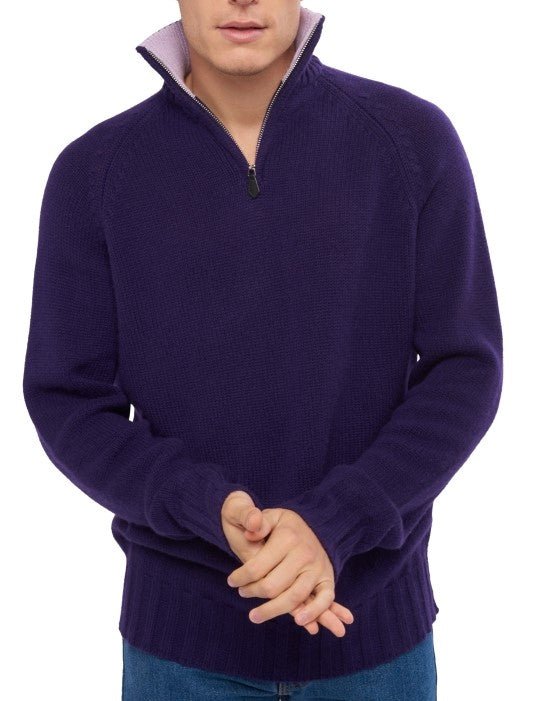 Balldiri 100% Kaschmir Herren Troyer Kontrastkragen 8 - fädig - deep purple/rosa - Balldiri