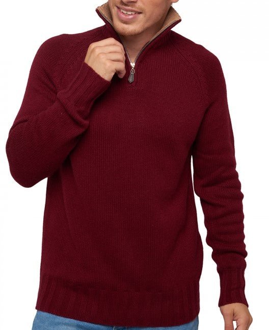 Balldiri 100% Kaschmir Herren Troyer Kontrastkragen 8 - fädig - bordeaux/camel - Balldiri